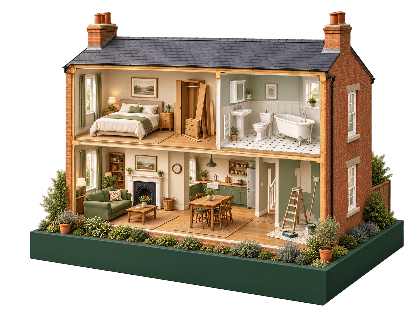 A cutaway home showing rooms and everyday handyman work