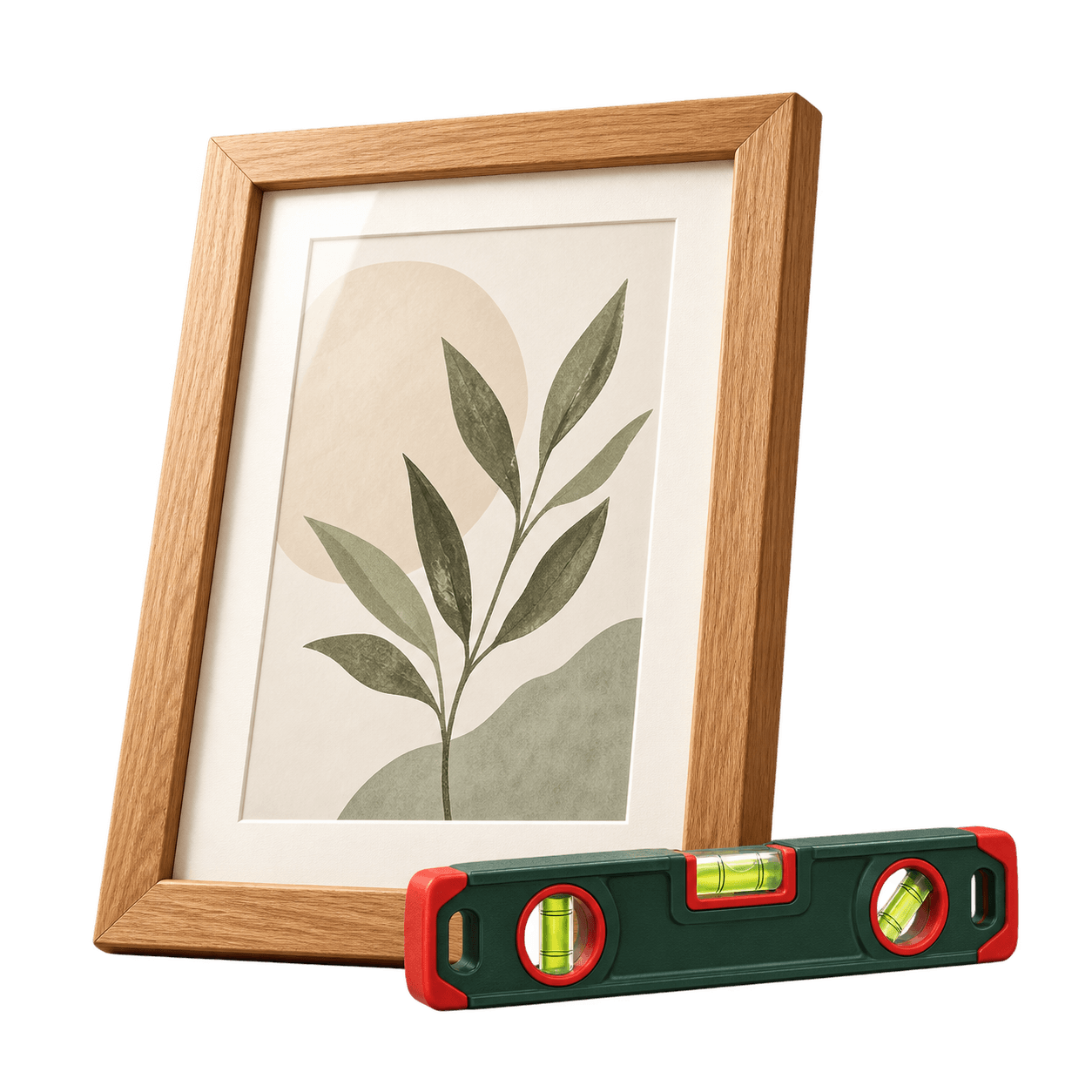 A framed picture and spirit level