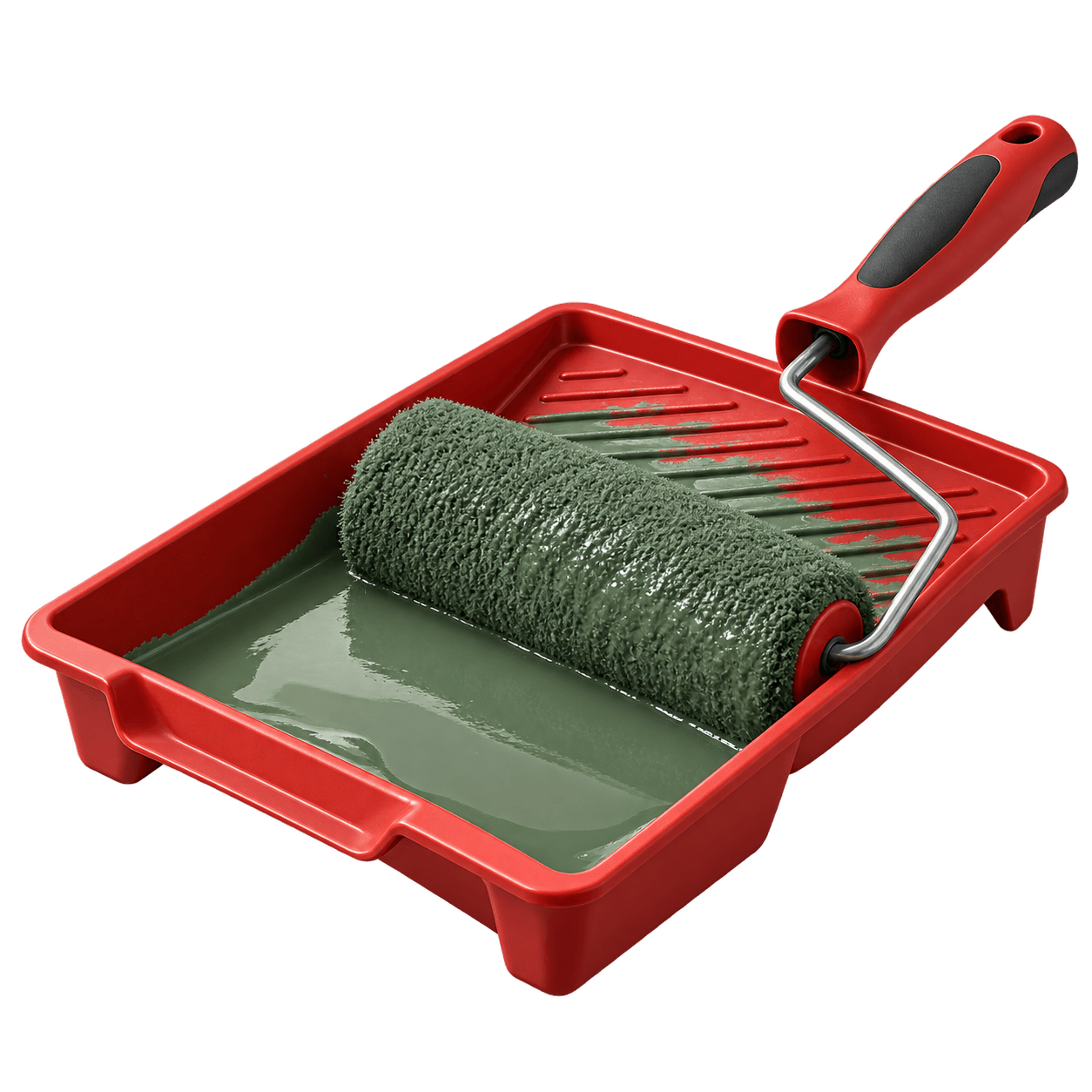 A paint roller and tray